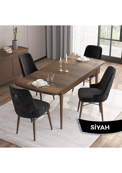 Concept Are Serisi, 80X132 Mdf Açılabilir Barok Ahşap Desen Mutfak Masa Takımı, 4 Sandalye Gümüş Halkalı