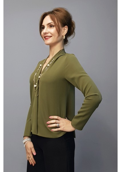 V Yaka Omuz Pileli Uzun Kol Bluz-Haki