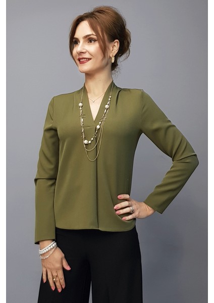 V Yaka Omuz Pileli Uzun Kol Bluz-Haki fiyatları