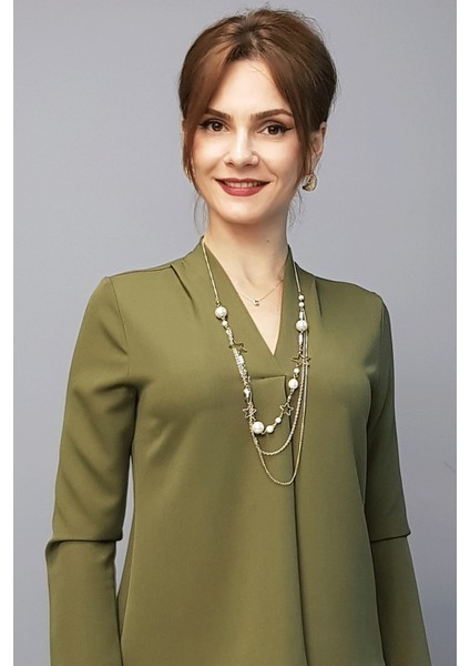 V Yaka Omuz Pileli Uzun Kol Bluz-Haki modelleri