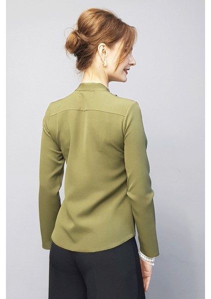 V Yaka Omuz Pileli Uzun Kol Bluz-Haki fırsatları