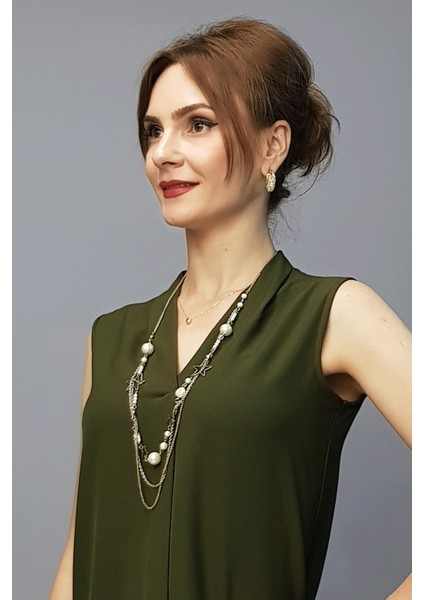 V Yaka Omuz Pileli Kolsuz Bluz-Haki modelleri