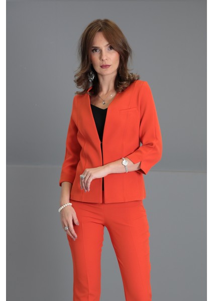 V Yaka Boydan Kuplu Kısa Ceket-Turuncu