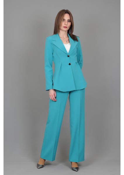 Erkek Yaka Önleri Pileli Ceket & Bol Paça Pantolon-Turkuaz