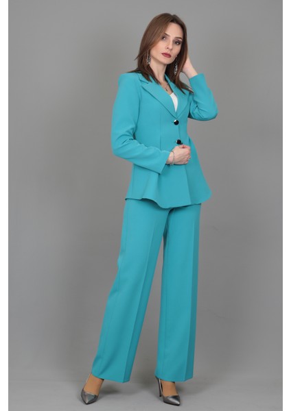 Erkek Yaka Önleri Pileli Ceket & Bol Paça Pantolon-Turkuaz fiyatları