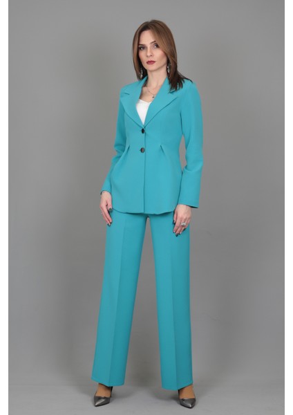 Erkek Yaka Önleri Pileli Ceket & Bol Paça Pantolon-Turkuaz modelleri