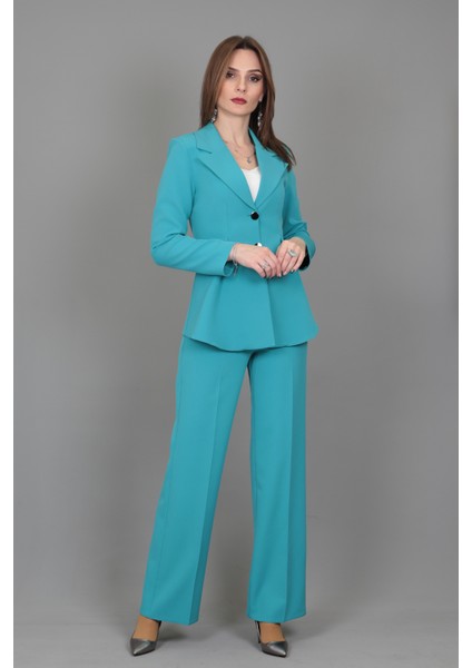 Erkek Yaka Önleri Pileli Ceket & Bol Paça Pantolon-Turkuaz fırsatları