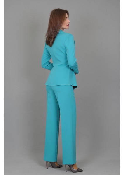 Erkek Yaka Önleri Pileli Ceket & Bol Paça Pantolon-Turkuaz indirimleri