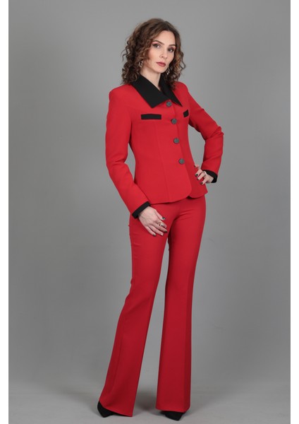 Garnili Ceket & İspanyol Paça Pantolon Takım-Kırmızı fiyatları