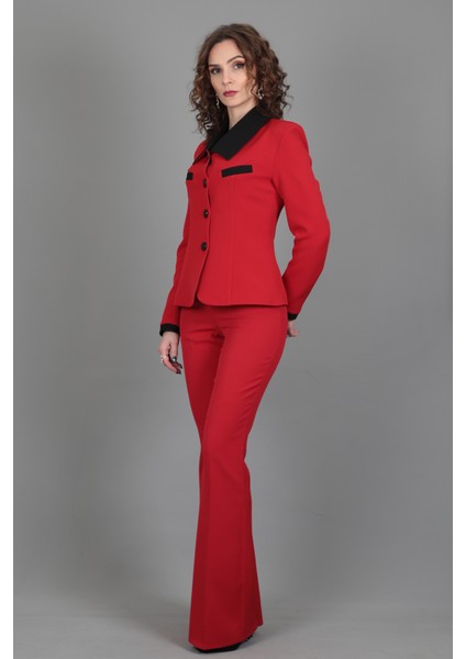 Garnili Ceket & İspanyol Paça Pantolon Takım-Kırmızı modelleri