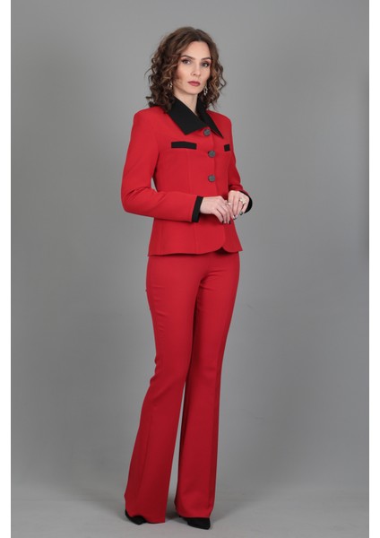 Garnili Ceket & İspanyol Paça Pantolon Takım-Kırmızı fırsatları
