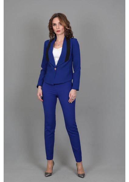 Şeritli Mini Ceket & Boru Paça Pantolon Takım-Saks