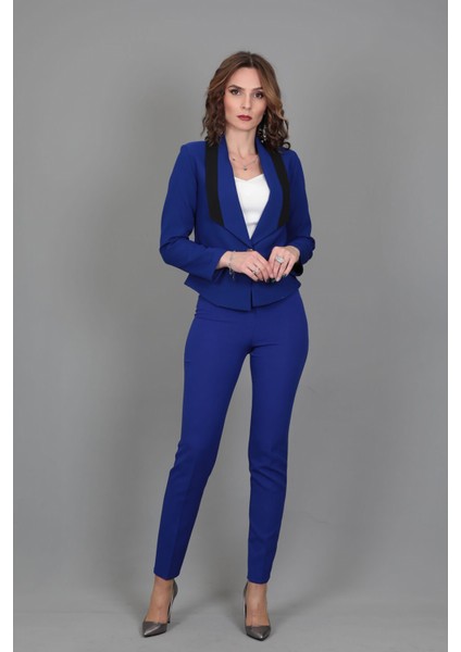 Şeritli Mini Ceket & Boru Paça Pantolon Takım-Saks fırsatları