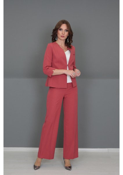 V Yaka Boydan Kuplu Kısa Ceket & Bol Paça Pantolon-Kiremit