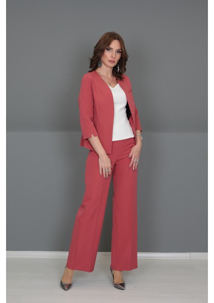 V Yaka Boydan Kuplu Kısa Ceket & Bol Paça Pantolon-Kiremit fiyatları