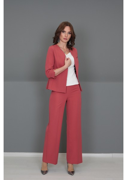 V Yaka Boydan Kuplu Kısa Ceket & Bol Paça Pantolon-Kiremit modelleri