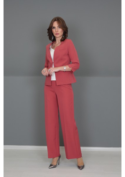 V Yaka Boydan Kuplu Kısa Ceket & Bol Paça Pantolon-Kiremit fırsatları