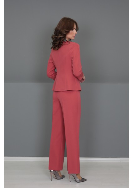 V Yaka Boydan Kuplu Kısa Ceket & Bol Paça Pantolon-Kiremit indirimleri
