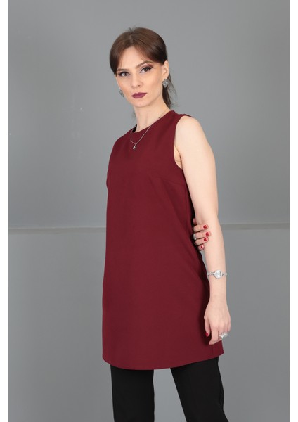 Sıfır Yaka Kolsuz Bluz- Bordo modelleri