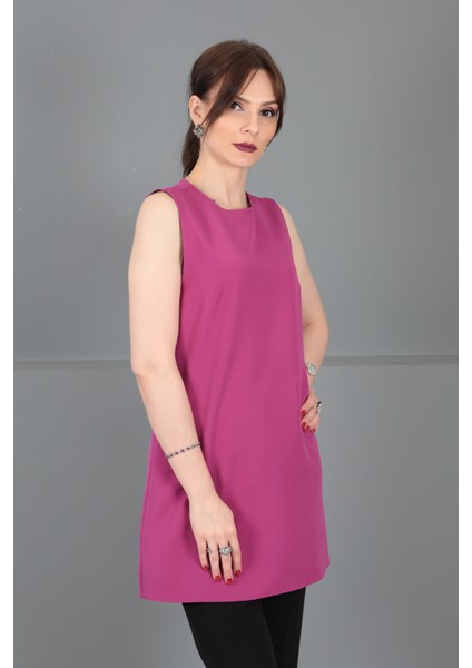 Sıfır Yaka Kolsuz Bluz-Fuşya