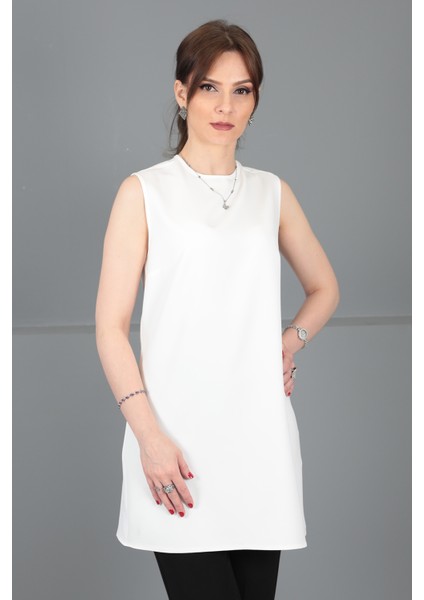 Sıfır Yaka Kolsuz Bluz- Beyaz modelleri