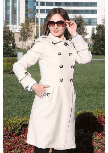 Pileli Apoletli Düğmeli Kaşe Kaban - Bej fiyatları