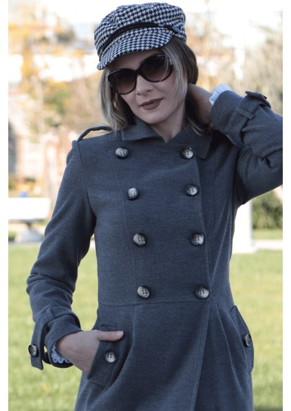 Pileli Apoletli Düğmeli Kaşe Kaban - Antrasit