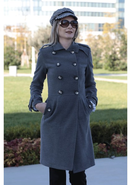 Pileli Apoletli Düğmeli Kaşe Kaban - Antrasit fiyatları