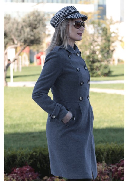 Pileli Apoletli Düğmeli Kaşe Kaban - Antrasit modelleri