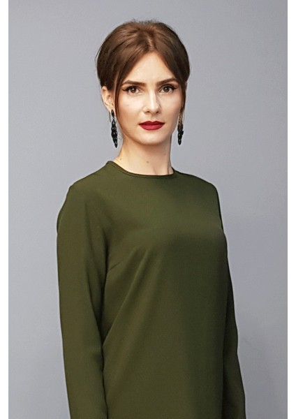 Sıfır Yaka Uzun Kol Bluz- Haki