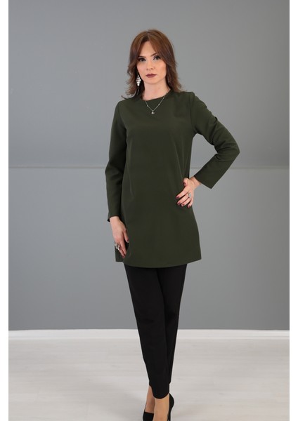 Sıfır Yaka Uzun Kol Bluz- Haki modelleri