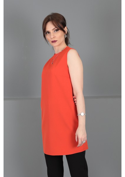 Sıfır Yaka Kolsuz Bluz-Turuncu
