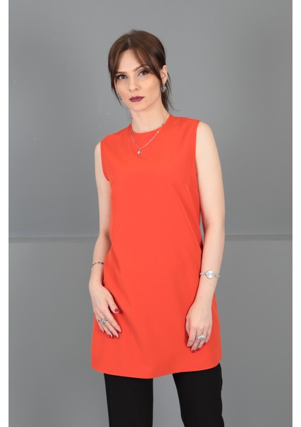 Sıfır Yaka Kolsuz Bluz-Turuncu modelleri