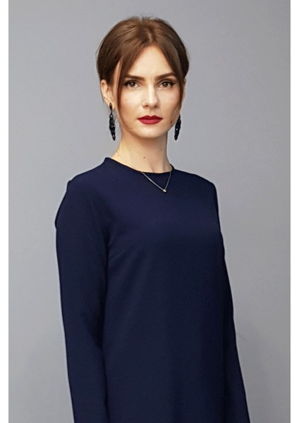 Sıfır Yaka Uzun Kol Bluz- Lacivert