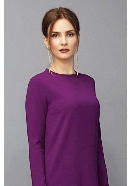 Sıfır Yaka Uzun Kol Bluz- Mürdüm