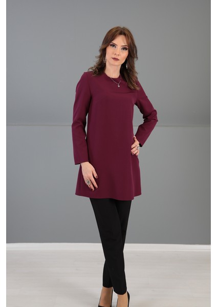 Sıfır Yaka Uzun Kol Bluz- Mürdüm modelleri