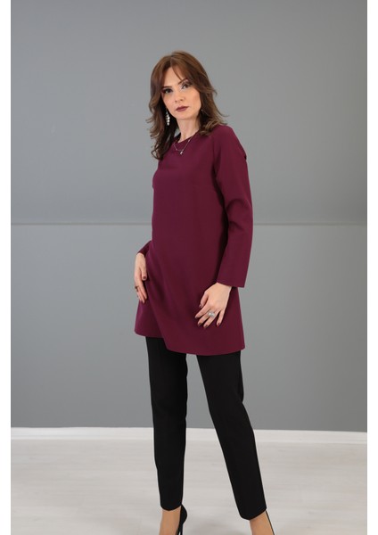Sıfır Yaka Uzun Kol Bluz- Mürdüm indirimleri