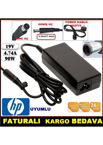 Hp Uyumlu Muadil Ürün 2 Yıl Garantili Pavilion Dv6 Serisi Adaptör Şarj Kablosu 19 Volt 4.74 Amper - 7.4mm5.0mm - Iğneli