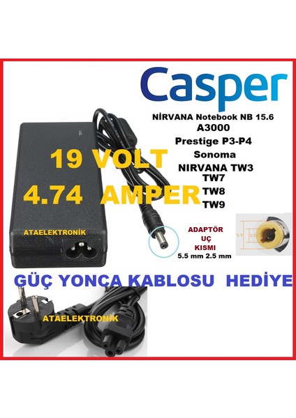 Casper Uyumlu Muadil Ürün 2 Yıl Garantili - Nirvana Tw8-Eaa-89 Laptop Notebook Şarj Cihazı Şarj Aleti Adaptör 19 Volt 4.74 Amper - 5.5mm 2.5mm indirimleri