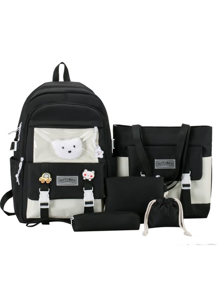 5 Parça Büyük Kapasiteli Sevimli Sırt Çantası Seti - Siyah (Yurt Dışından)