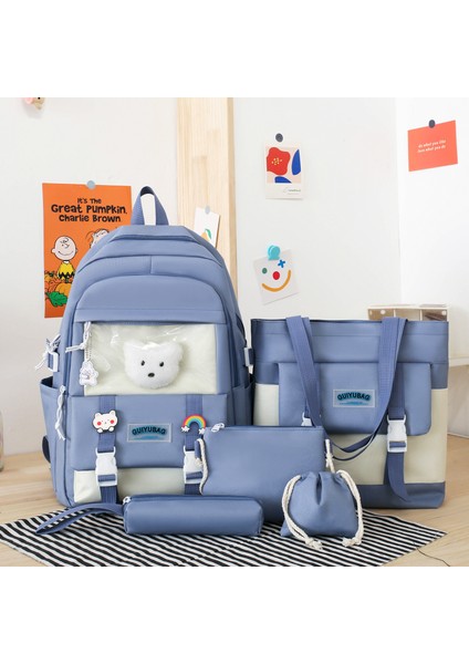 5 Parça Büyük Kapasiteli Sevimli Sırt Çantası Seti - Mavi (Yurt Dışından)