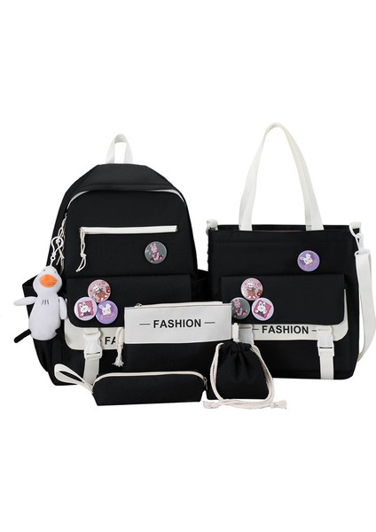 5 Parça Büyük Kapasiteli Sevimli Sırt Çantası Seti - Siyah (Yurt Dışından)