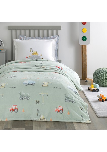 Bedding Busy Trucks Tek Kişilik Wellsoft Battaniyeli Lastikli Çarşaf Seti - Yeşil