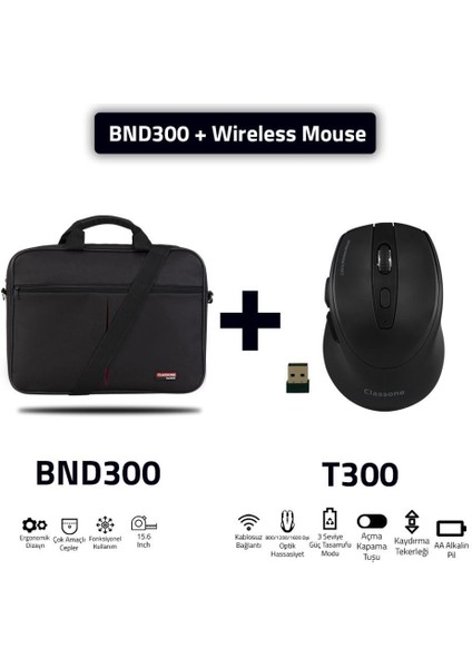 BND300-T300 Eko Serisi 15,6" Uyumlu Notebook, Laptop Çantası SIYAH+T300 Kablosuz Mouse