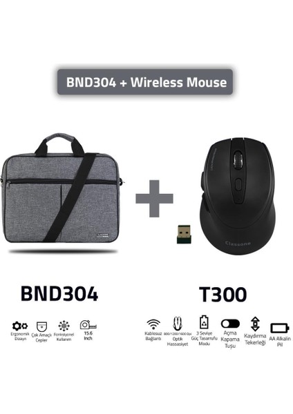 BND304-T300 Eko Serisi 15,6" Uyumlu-Notebook, Laptop Çantası GRI+T300 Kablosuz Mouse