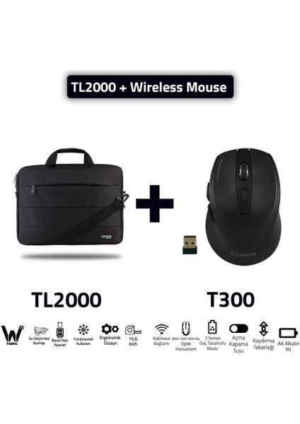 TL2000-T300 Wtxpro Su Geçirmez Kumaş 15,6" Notebook, Laptop ÇANTASI-SIYAH+T300 Kablosuz Mouse