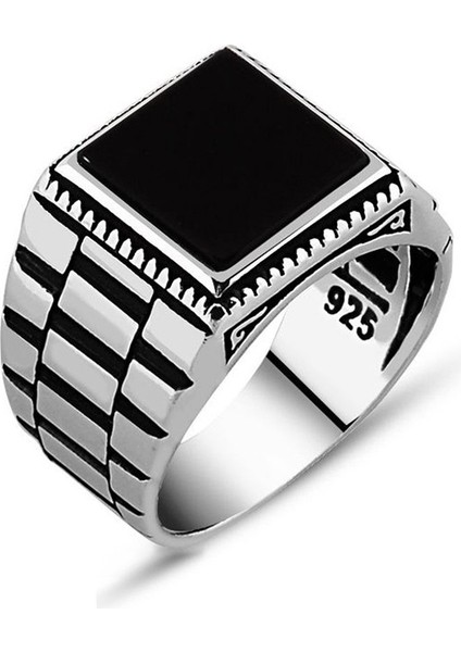 Simetrik Desenli Siyah Oniks Taşlı 925 Ayar Gümüş Erkek Yüzük fiyatları