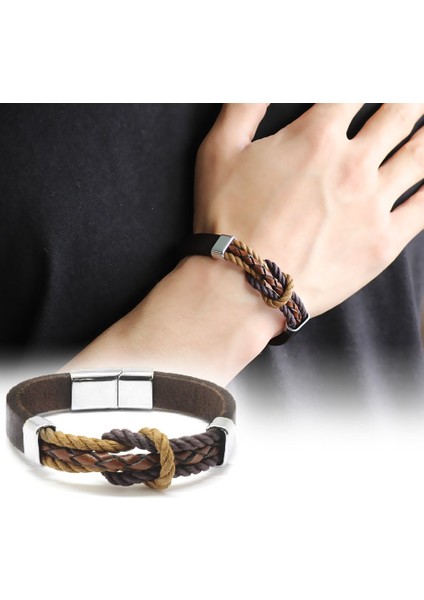 Düğüm Tasarım Kahverengi Deri-Çelik Kombinli Erkek Bileklik