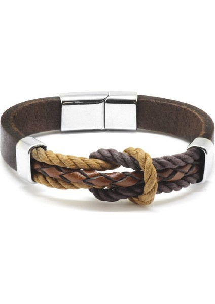 Düğüm Tasarım Kahverengi Deri-Çelik Kombinli Erkek Bileklik modelleri