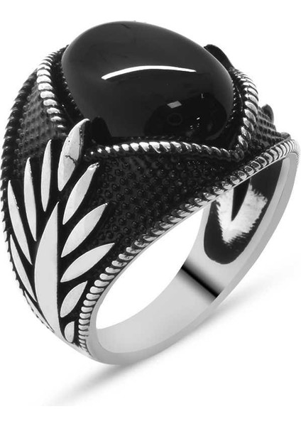 Başak Motifli Siyah Oniks Taşlı 925 Ayar Gümüş Erkek Yüzük modelleri